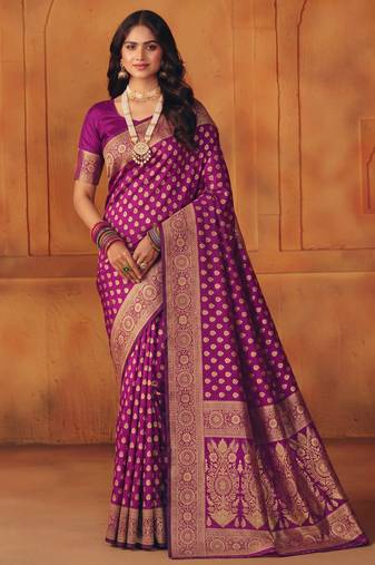 Purple soft silk blend banarasi jacuard work designer party wear saree with unstitched blouse piece
