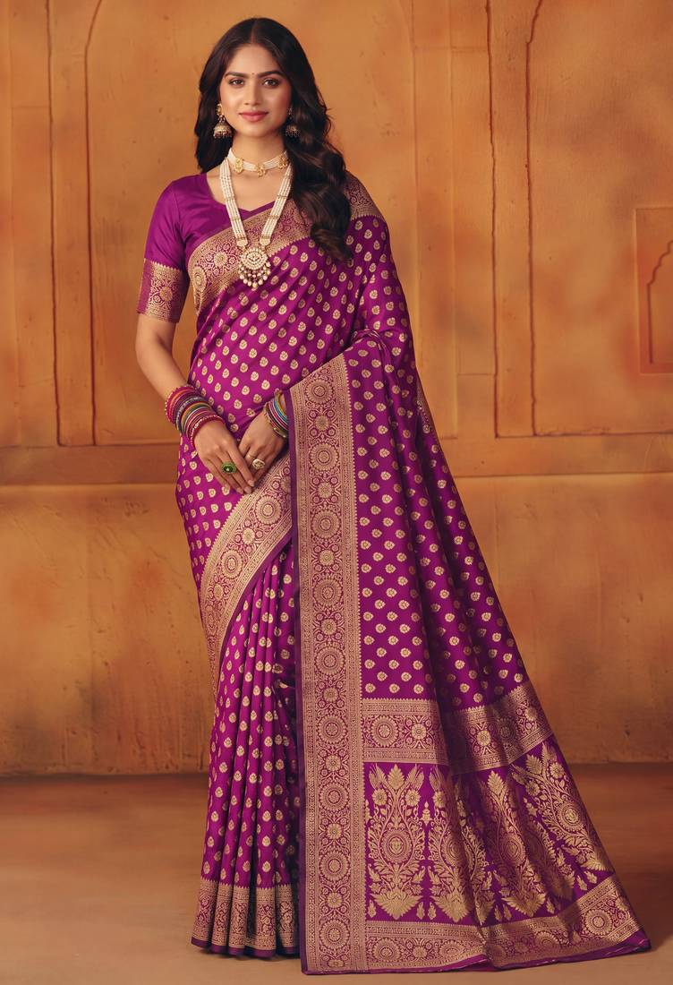 Purple soft silk blend banarasi jacuard work designer party wear saree with unstitched blouse piece