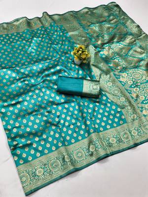 Rama silk blend banarasi saree with unstitched blouse piece 1