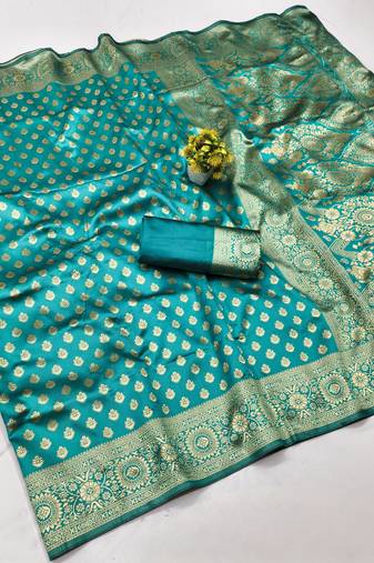 Rama soft silk blend banarasi jacuard work designer party wear saree with unstitched blouse piece
