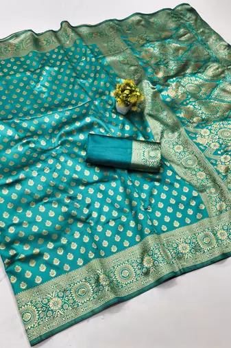 Rama silk blend banarasi saree with unstitched blouse piece