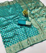 Rama silk blend banarasi saree with unstitched blouse piece