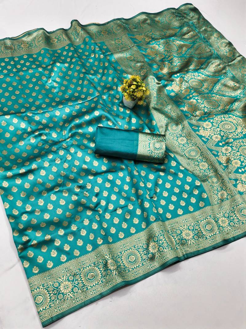 Rama soft silk blend banarasi jacuard work designer party wear saree with unstitched blouse piece