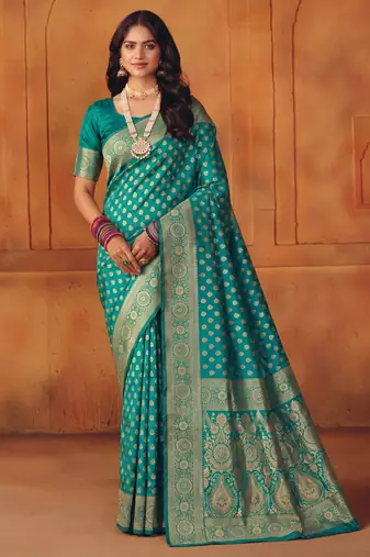 Rama silk blend banarasi saree with unstitched blouse piece