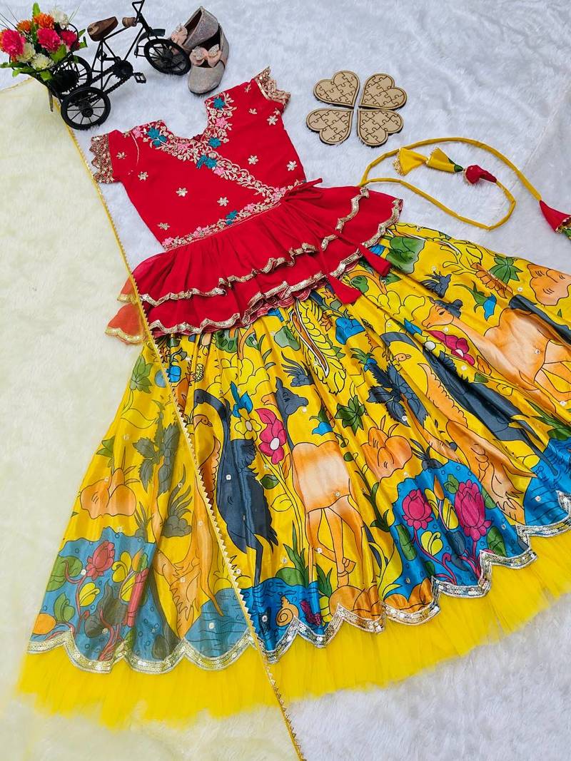 Trendy Georgette Kediya Style Embroidery And Digital Printed Yellow Readymade Lehenga Choli