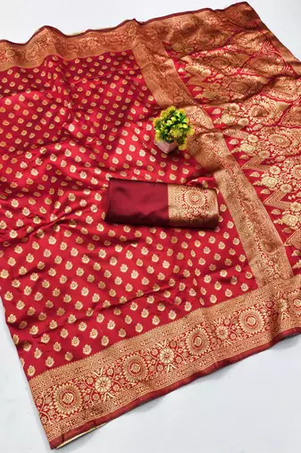 Red silk blend banarasi saree with unstitched blouse piece