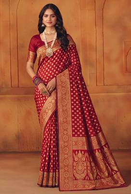 Red silk blend banarasi saree with unstitched blouse piece 1