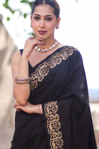 Black silk blend banarasi saree with unstitched blouse piece