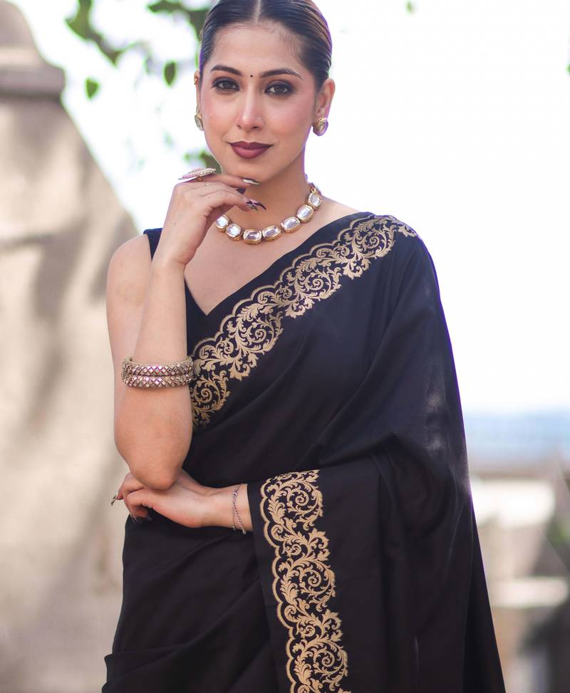 Black soft silk blend banarasi jacuard work designer party wear saree with unstitched blouse piece
