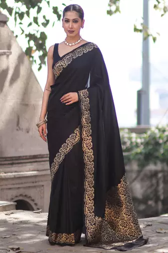 Black silk blend banarasi saree with unstitched blouse piece