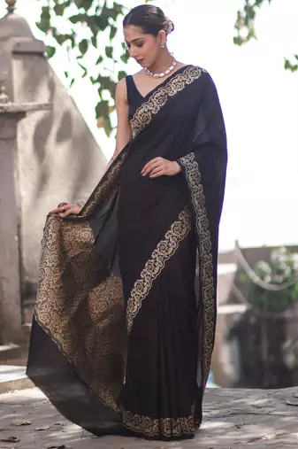 Black silk blend banarasi saree with unstitched blouse piece