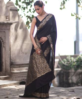 Black silk blend banarasi saree with unstitched blouse piece 4