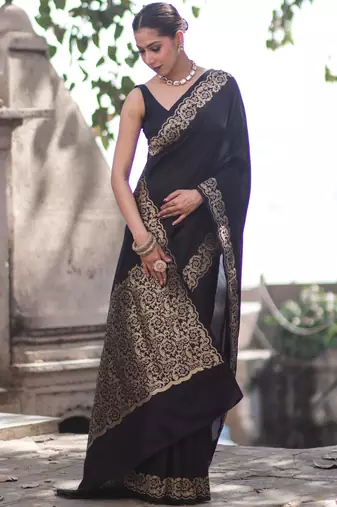 Black silk blend banarasi saree with unstitched blouse piece