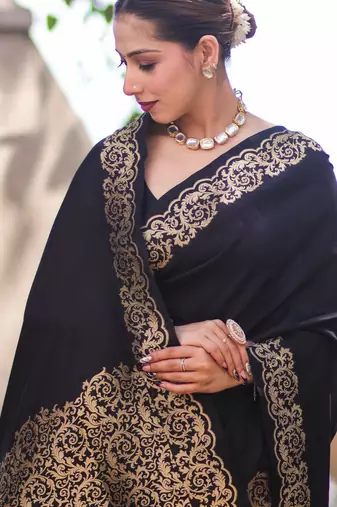 Black silk blend banarasi saree with unstitched blouse piece