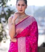 Pink silk blend banarasi saree with unstitched blouse piece