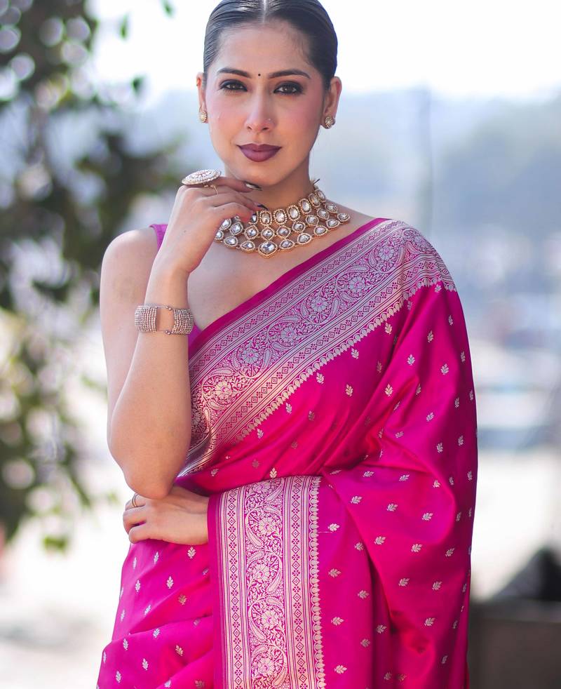 Pink soft silk blend banarasi jacuard work designer party wear saree with unstitched blouse piece