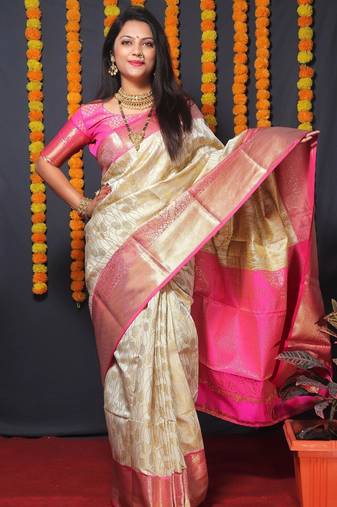 Off white soft silk blend banarasi jacuard work designer party wear saree with unstitched blouse piece