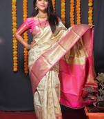 Off white soft silk blend banarasi jacuard work designer party wear saree with unstitched blouse piece