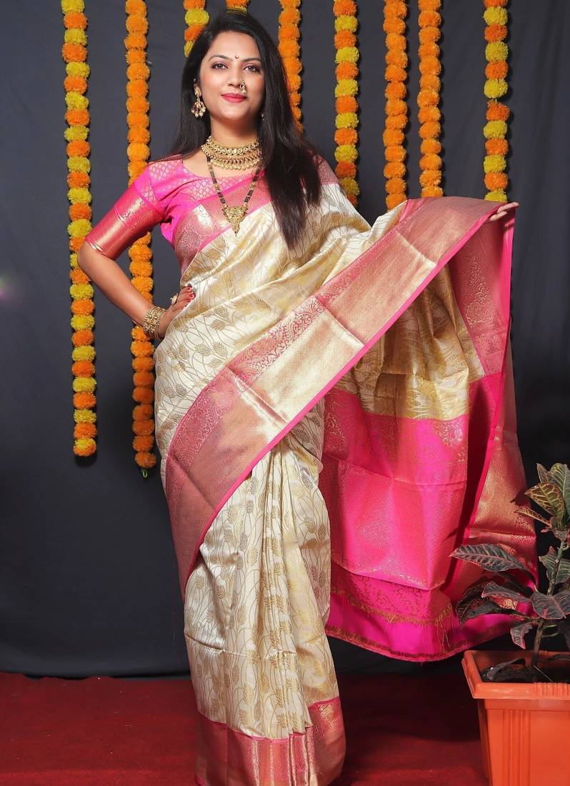 Off white soft silk blend banarasi jacuard work designer party wear saree with unstitched blouse piece