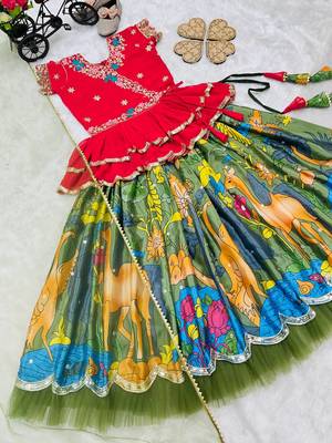 Trendy Georgette Kediya Style Embroidery And Digital Printed Green Readymade Lehenga Choli 7