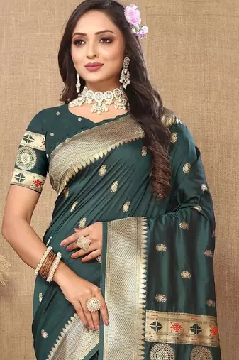 Green silk blend banarasi saree with unstitched blouse piece