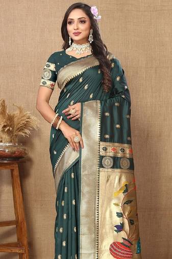 Green soft silk blend banarasi jacuard work designer party wear saree with unstitched blouse piece