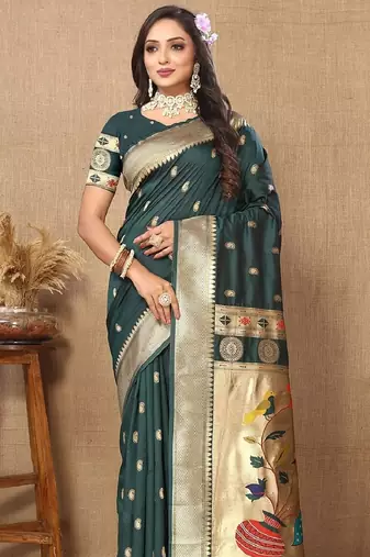 Green soft silk blend banarasi jacuard work designer party wear saree with unstitched blouse piece
