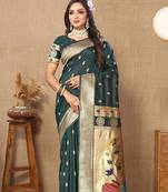 Green silk blend banarasi saree with unstitched blouse piece