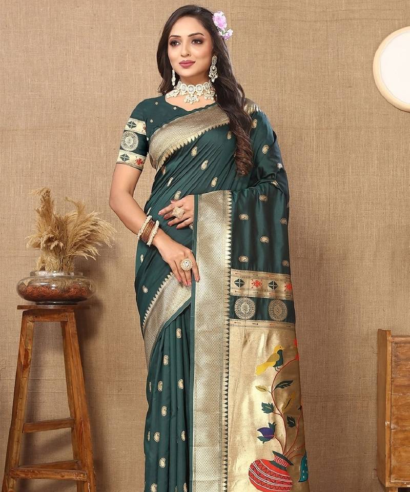Green soft silk blend banarasi jacuard work designer party wear saree with unstitched blouse piece