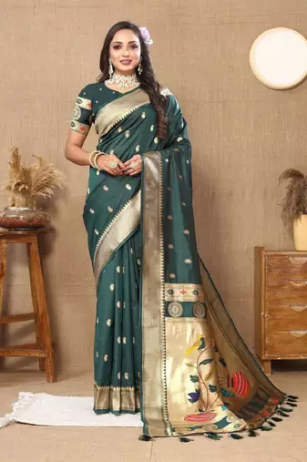 Green silk blend banarasi saree with unstitched blouse piece