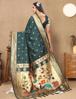 Green silk blend banarasi saree with unstitched blouse piece 4