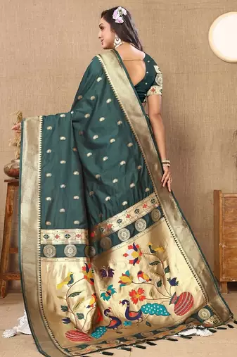 Green silk blend banarasi saree with unstitched blouse piece