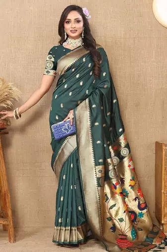 Green silk blend banarasi saree with unstitched blouse piece