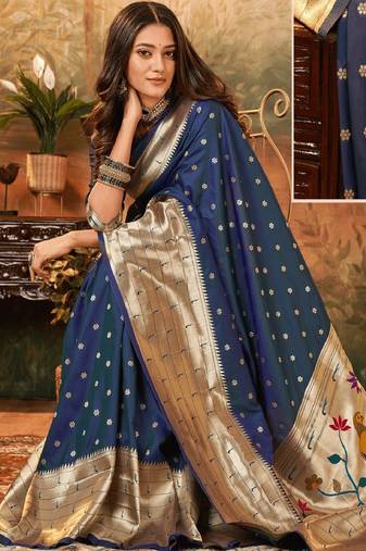 Blue soft silk blend banarasi jacuard work designer party wear saree with unstitched blouse piece