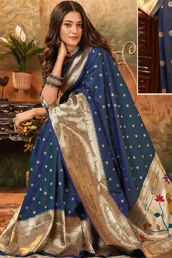 Blue silk blend banarasi saree with unstitched blouse piece
