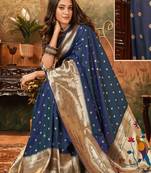 Blue silk blend banarasi saree with unstitched blouse piece