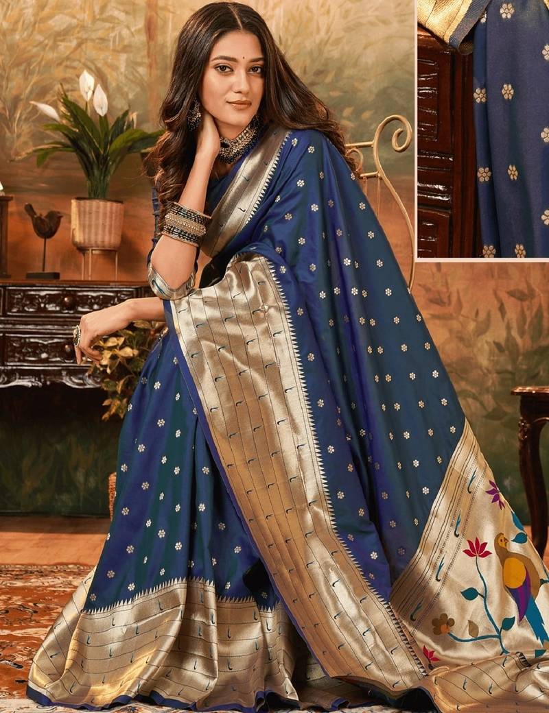 Blue soft silk blend banarasi jacuard work designer party wear saree with unstitched blouse piece