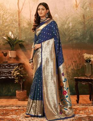 Blue silk blend banarasi saree with unstitched blouse piece 2
