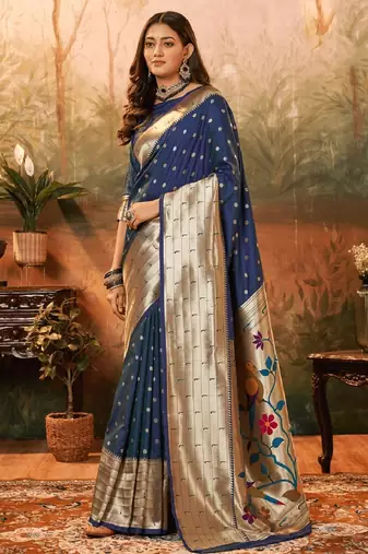 Blue silk blend banarasi saree with unstitched blouse piece