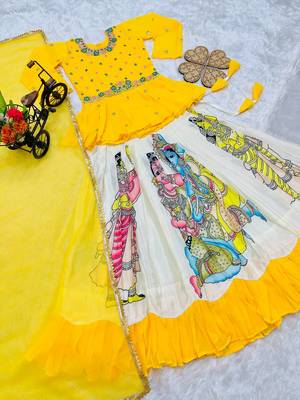 Kediya Style Foux Georgette Embroidery And Digital Printed Yellow Readymade Lehenga Choli 7