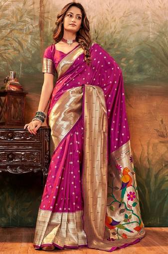 Rani pink soft silk blend banarasi jacuard work designer party wear saree with unstitched blouse piece