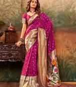 Rani pink silk blend banarasi saree with unstitched blouse piece
