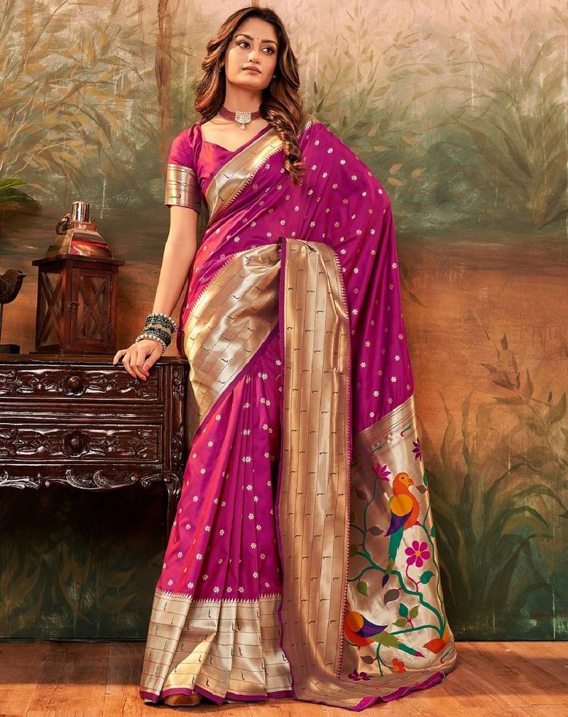 Rani pink silk blend banarasi saree with unstitched blouse piece