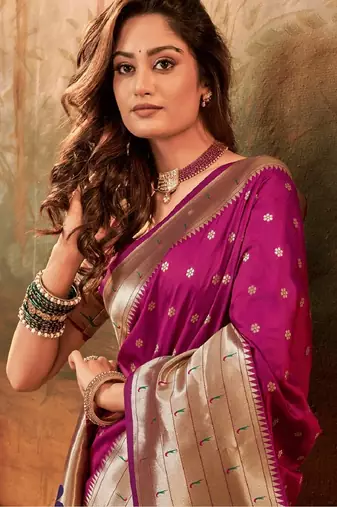 Rani pink silk blend banarasi saree with unstitched blouse piece