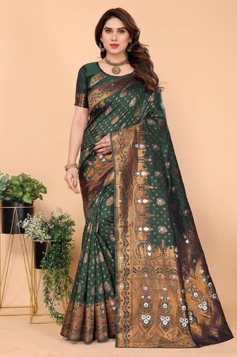 Green silk blend banarasi saree with unstitched blouse piece