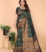 Green silk blend banarasi saree with unstitched blouse piece