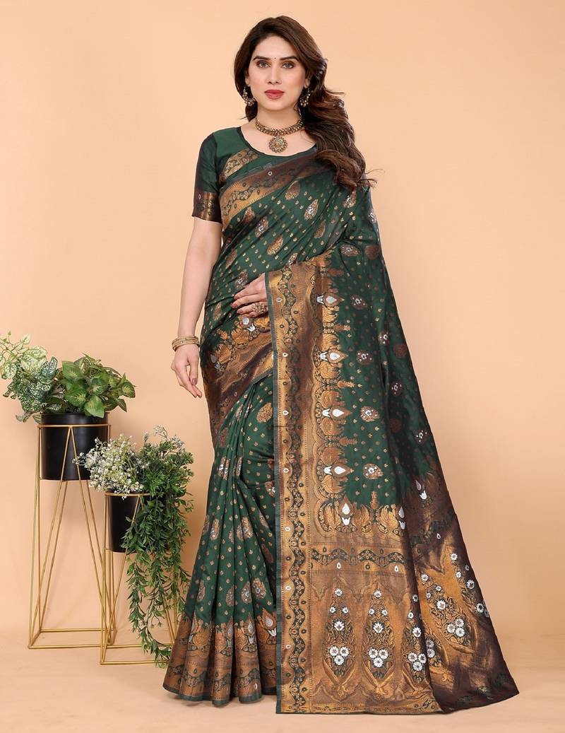 Green soft silk blend banarasi jacuard work designer party wear saree with unstitched blouse piece