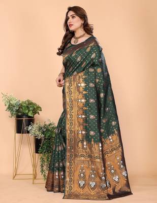 Green silk blend banarasi saree with unstitched blouse piece 2