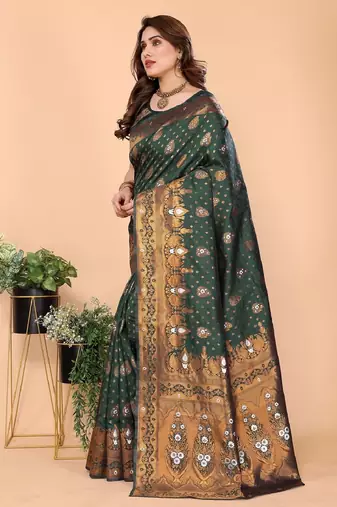 Green silk blend banarasi saree with unstitched blouse piece