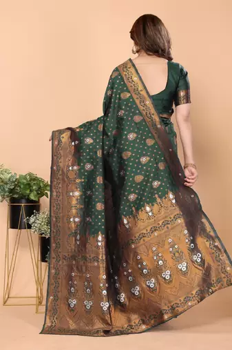 Green silk blend banarasi saree with unstitched blouse piece